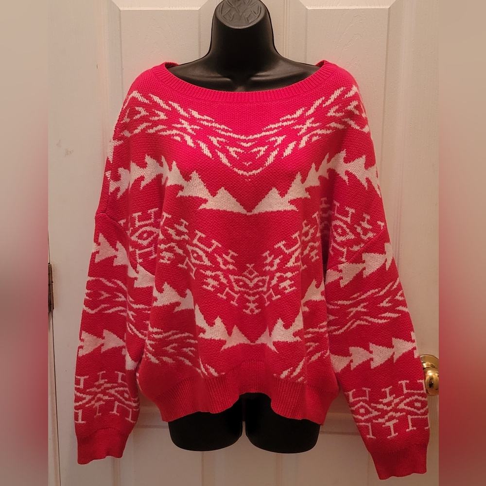 NWT Express Red and White Scoop Neck Oversized Holiday Sweater - Size Large